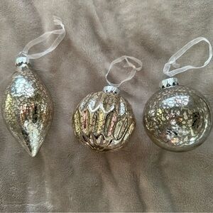 Mercury Glass Silver Holiday Ornaments Set of 3